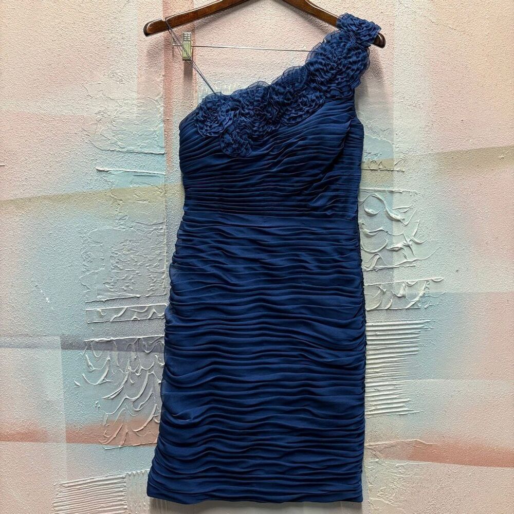 Adrianna Papell Boutique 8P Navy Blue One Strap Ruched Mini Dress Formal Classy